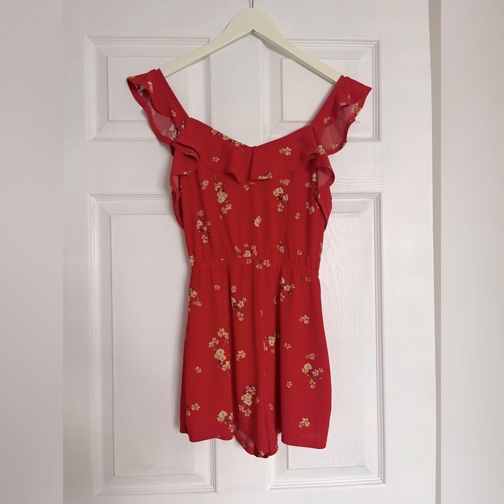 Red Floral Ruffle Romper